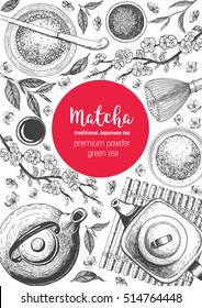 Matcha tea. Japanese traditions of tea ceremony. Vector illustration frame for Tea Shop. Vintage elements for design. Hand drawn sketch Illustration