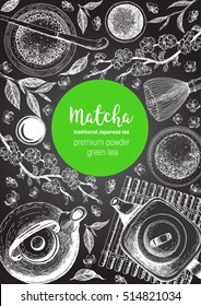 Matcha tea. Japanese traditions of tea ceremony. Vector illustration frame for Tea Shop. Vintage elements for design. Hand drawn sketch Illustration