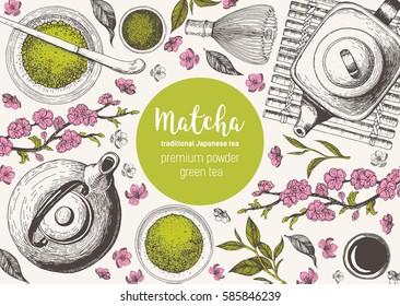 Matcha tea. Japanese traditions of tea ceremony. Vector illustration frame for Tea Shop. Vintage elements for design. Hand drawn sketch Illustration