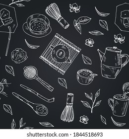 Matcha tea Japanese traditions menu doodle icons Vector illustration on chalkboard