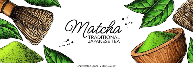 Matcha tea label. Vector drawing banner. Bowl with matcha powder, green tea leaves, and bamboo whisk sketch. Hand-drawn Asian drink elements. Packaging design template