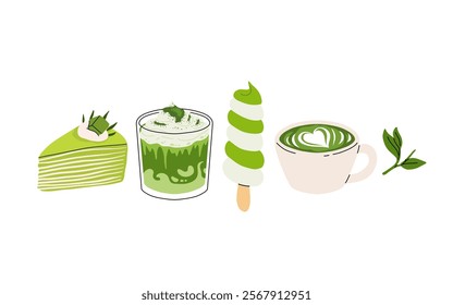 Matcha tea, latte, iced matcha. Vector set with japanese matcha desserts. Collection with mochi, cake and roll cake, pancakes, macaron, soft serve ice cream, matcha tart and cupcake with strawberry.