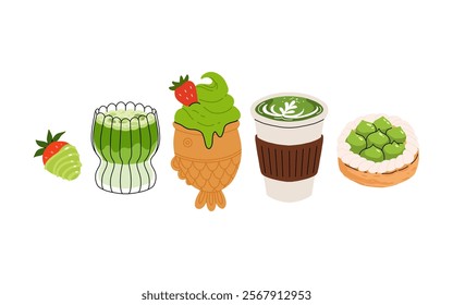 Matcha tea, latte, iced matcha. Vector set with japanese matcha desserts. Collection with mochi, cake and roll cake, pancakes, macaron, soft serve ice cream, matcha tart and cupcake with strawberry.