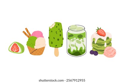 Matcha tea, latte, iced matcha. Vector set with japanese matcha desserts. Collection with mochi, cake and roll cake, pancakes, macaron, soft serve ice cream, matcha tart and cupcake with strawberry.