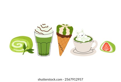 Matcha tea, latte, iced matcha. Vector set with japanese matcha desserts. Collection with mochi, cake and roll cake, pancakes, macaron, soft serve ice cream, matcha tart and cupcake with strawberry.