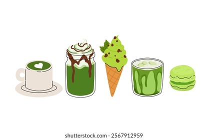 Matcha tea, latte, iced matcha. Vector set with japanese matcha desserts. Collection with mochi, cake and roll cake, pancakes, macaron, soft serve ice cream, matcha tart and cupcake with strawberry.