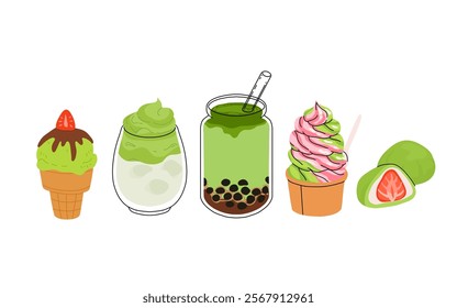 Matcha tea, latte, iced matcha. Vector set with japanese matcha desserts. Collection with mochi, cake and roll cake, pancakes, macaron, soft serve ice cream, matcha tart and cupcake with strawberry.