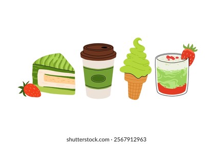 Matcha tea, latte, iced matcha. Vector set with japanese matcha desserts. Collection with mochi, cake and roll cake, pancakes, macaron, soft serve ice cream, matcha tart and cupcake with strawberry.