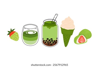 Matcha tea, latte, iced matcha. Vector set with japanese matcha desserts. Collection with mochi, cake and roll cake, pancakes, macaron, soft serve ice cream, matcha tart and cupcake with strawberry.