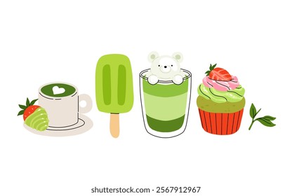 Matcha tea, latte, iced matcha. Vector set with japanese matcha desserts. Collection with mochi, cake and roll cake, pancakes, macaron, soft serve ice cream, matcha tart and cupcake with strawberry.