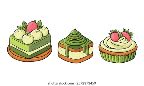 Matcha tea, latte, iced matcha. Vector set with Japanese matcha desserts. Collection with mochi, cakes and rolls, pancakes, macarons, soft ice cream, matcha tart and strawberry cupcake.