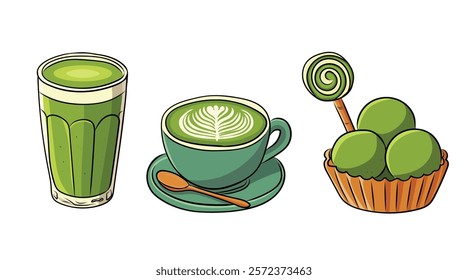 Matcha tea, latte, iced matcha. Vector set with Japanese matcha desserts. Collection with mochi, cakes and rolls, pancakes, macarons, soft ice cream, matcha tart and strawberry cupcake.