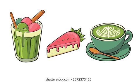 Matcha tea, latte, iced matcha. Vector set with Japanese matcha desserts. Collection with mochi, cakes and rolls, pancakes, macarons, soft ice cream, matcha tart and strawberry cupcake.