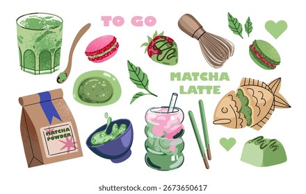 Chá Matcha e conjunto de café. Matcha pó, folhas de chá, macarons, colher, xícara tradicional, whisk, ferramentas para a cerimônia japonesa. Matcha cerimônia de chá verde. Vetor plano