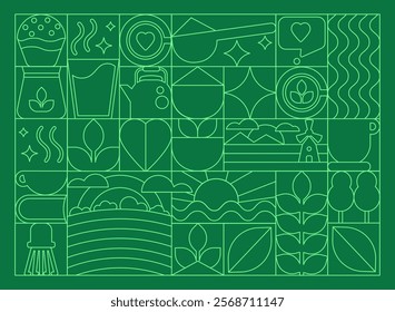 Matcha Tea Line Art Pattern. Geometric Green Design with Eco Symbols for Branding, Decoration