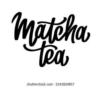 Matcha Tee Logo Design. Handgezeichnete Schrift. Vektorkalligraphie für Teeprodukte. Japanisches Getränk. Grünes Teekrinken.