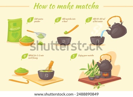 Matcha tea make. Herbal green hot tea preparation guide, powder spoon chawan mug bamboo chasen, japanese chinese tradition tools step by step instruction, neat vector illustration authors graphics