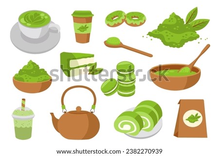 Matcha tea mega set in flat cartoon design. Bundle elements of green powder, latte in mug, paper cup, teapot, desserts, traditional bowl and spoon, other. Vector illustration isolated graphic objects