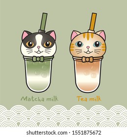 Matcha and tea milk. Cute cat bubble tea.