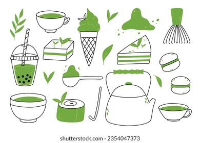 Matcha tea. Mug with matcha and green tea leaves. Vector illustration. Natural green tea.