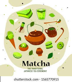 Matcha tea package design. The traditional Japanese tea ceremony print. Matcha powder, latte, macarons, tea pot, bamboo spoon, tea leaves - vector icons. Matcha green powder cover for package, menu. 