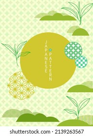 Matcha tea pattern background with green texture. Stroke illustration of leaves and clouds.