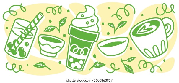 Matcha tea pattern with cups and leaves on yellow background. Vector illustration of flat glasses, mugs with green powder drink, doodle spiral lines, Japanese tradition, asian cafe menu poster design