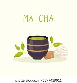 Matcha tea poster. Set of traditional cup, whisk, tea leaves in flat style. Tools for Japanese matcha tea ceremony.