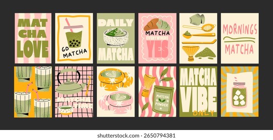 Matcha tea posters in cartoon retro style. Trendy green tea illustrations with cups, whisk, leaves and text phrases. Kitchen, restaurants and cafe decor. Minimalist banners for prints and wall decor