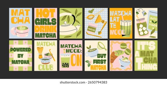 Matcha tea posters in cartoon retro style. Trendy green tea illustrations with cups, whisk, leaves and text phrases. Kitchen, restaurants and cafe decor. Minimalist banners for prints and wall decor