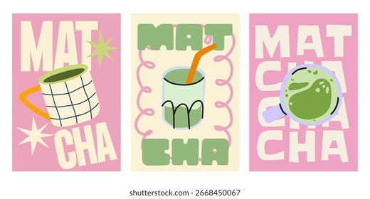 Carteles de té Matcha en estilo retro groovy. Ilustraciones vectoriales brillantes con café con leche matcha, tazas y texto moderno. Decoración para Fondo de pantalla, paredes y postales. Conjunto de pósters de bebida casera de Antiguas