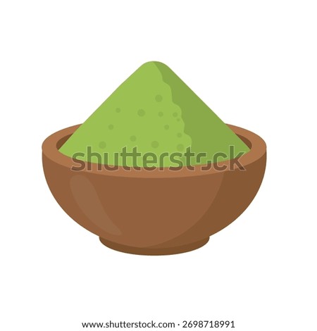 Matcha tea powder illustration vector flat design on white background. Japanese healthy green tea powder in bamboo bowl symbol for menu, banner, poster, web, emblem.