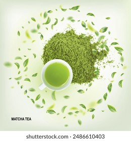 Té Matcha en polvo y taza de té macha, bebida japonesa de té verde, hojas voladoras que caen, bebida asiática herbal, Ilustración vectorial