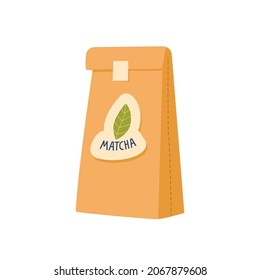 Matcha Tea Pulver Packung, Papiertasche aus Kraft Papier einzeln auf weißem Hintergrund. Bio-Produkt in ökologischen Verpackungen, asiatisches Getränk, Natural Japanese Drink. Cartoon-Vektorgrafik