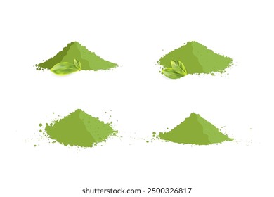 Matcha tea powder pile isolated, dry green tea japanese beverage, herbal asian drink on white background set, vector illustration