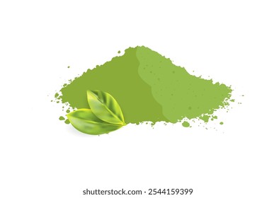 Matcha tea powder pile isolated, dry green tea japanese beverage, herbal asian drink on white background, vector illustration