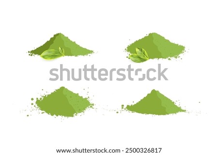 Matcha tea powder pile isolated, dry green tea japanese beverage, herbal asian drink on white background set, vector illustration