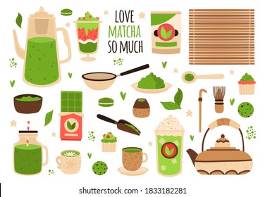 Matcha tea. Matcha powder, tea pot, sweets and matcha pastry, healthy delicious food and beverages, hand drawn matcha tea vector illustration set. Whisk, green cupcake and macaroon, chocolate bar