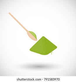 Matcha tea powder with spoon vector flat icon, Flat design of superfood ingredient or organic food object with round shadow isolated on the white background, cute vector illustration