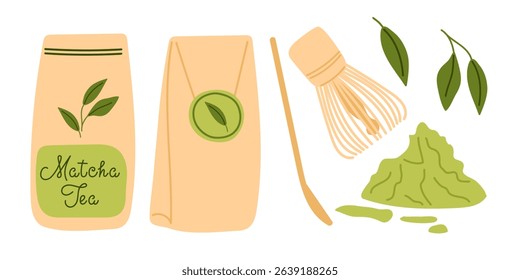 Matcha tea preparation with packaging, whisk, and leaves arranged in a creative layout