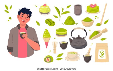 Matcha tea products. Leaves and powder, brewing accessories, sweet desserts and sweets, funny guy with hot drink cup, traditional japanese food, cartoon flat style isolated vector set