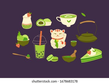 Matcha tea products. Matcha powder, macarons, ice cream, cake, teapot, drink, tea, tea leaves, lucky cat, quinoa yogurt.