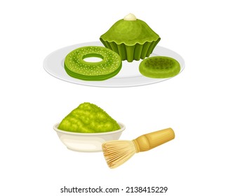 Matcha tea products set. Cookies, cupcake and matcha powder vector illustration