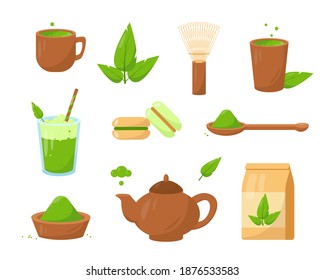 Los productos de té de Matcha están aislados en un fondo blanco.