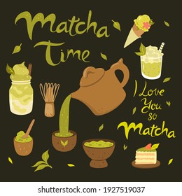 Matcha tea products. Matcha vector graphics set.