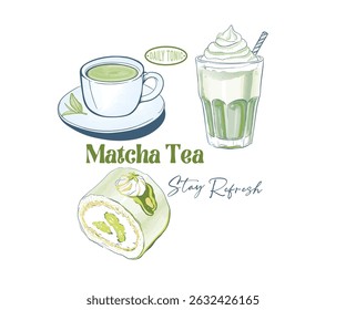 Matcha tea recipes vector art, Green tea healthy food illustration, Diet food lifestyle artwork for poster, menu card, restaurant, t shirt design 
