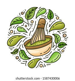 Matcha tea. Round doodle template. Hand drawn vector food concept. Contour illustration for card, sticker, poster. Color cartoon cup with isolated drops, whisk and green tea leaves
