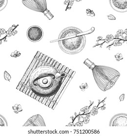 Matcha tea seamless pattern. Japanese traditions of tea ceremony.  Vector illustration for Tea Shop. Vintage elements for design. Hand drawn sketch Illustration