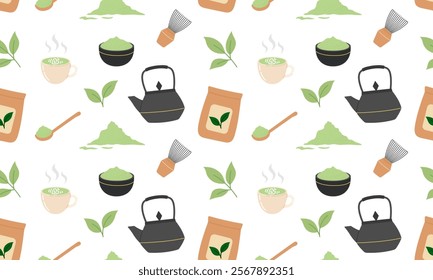 Matcha tea Seamless pattern. Organic matcha tea, vegan organic desserts and traditional tools for Japanese Matcha green tea ceremony. Flat Vector illustration on white background	