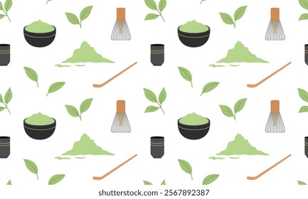 Matcha tea Seamless pattern. Organic matcha tea, vegan organic desserts and traditional tools for Japanese Matcha green tea ceremony. Flat Vector illustration on white background	